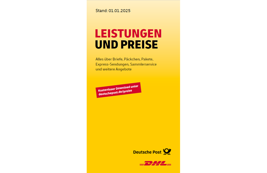 Bild der ersten Seite der Broschüre Leistungen und Preise. Kostenloser Download möglich unter deutschepost.de/preise.